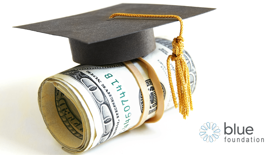 Roll of money with a graduation cap on top | Blue Foundation | College Scholarships | Blue Foundation Announces 2023 Scholarship Recipients