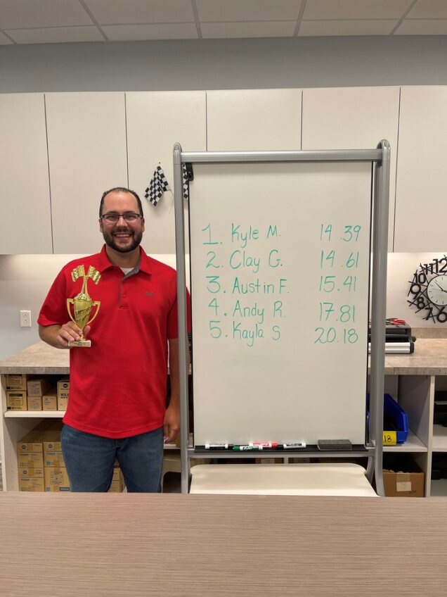 Kyle M posing with trophy for his win in the Office Indy 500 Celebration